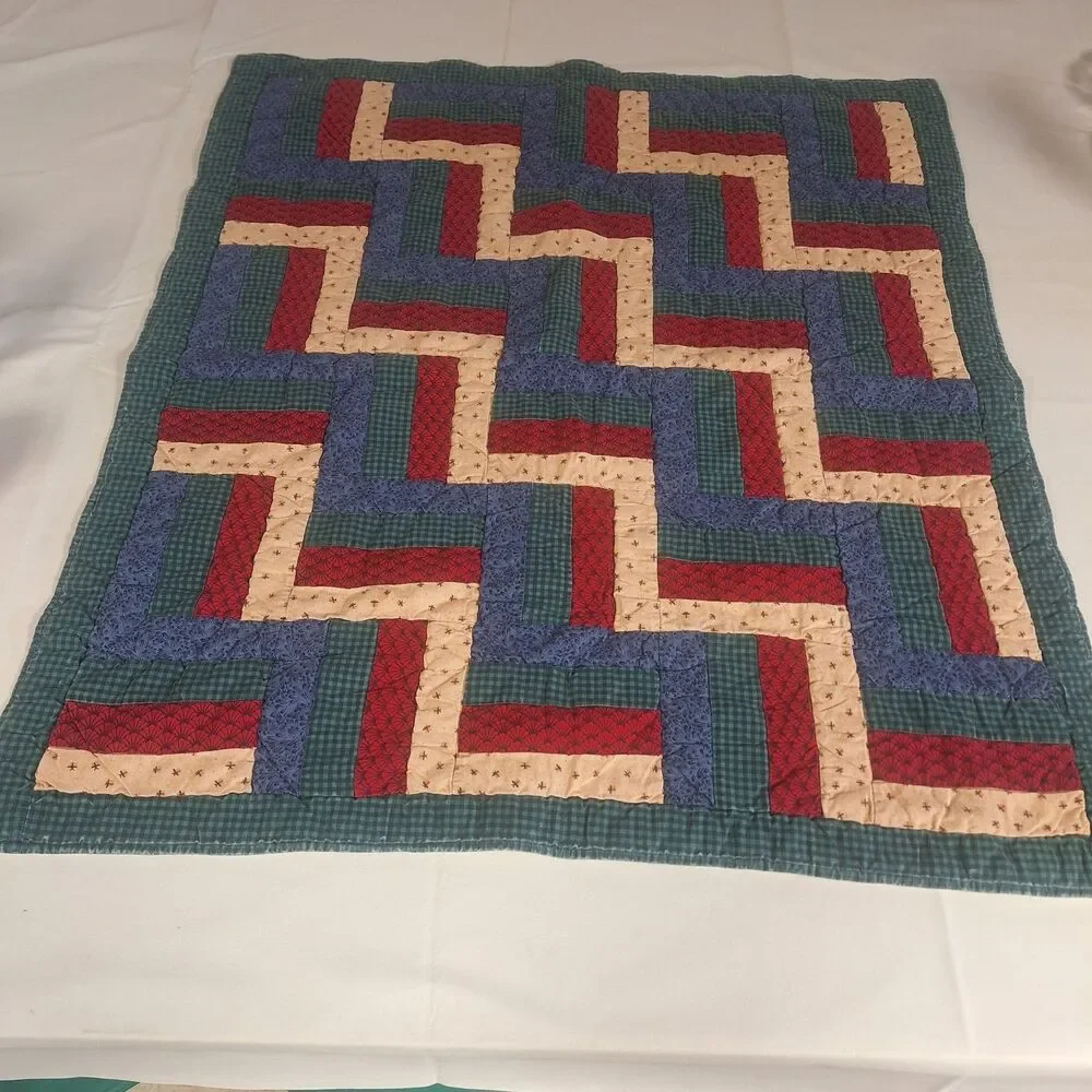 Handmade Quilted Patchwork Rail Fence Baby Blanket Red Blue Crib Throw 31 X 35